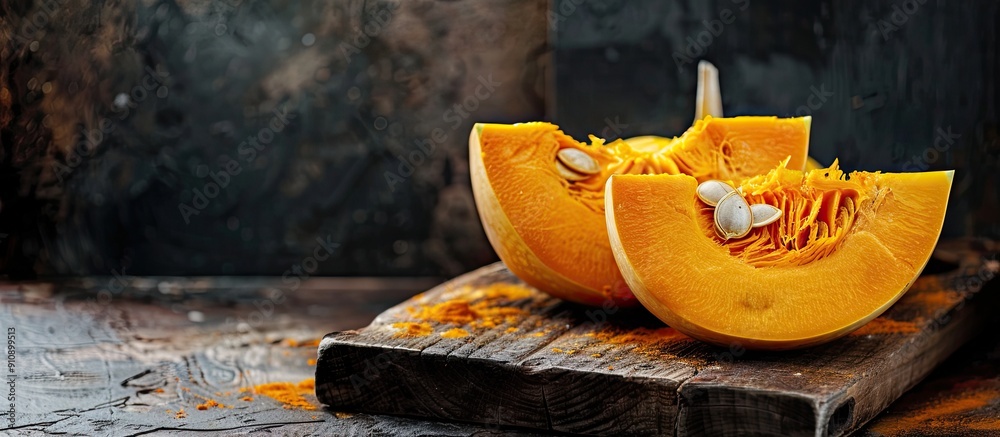 Poster pumpkin prepared for baking on table top with copy space image