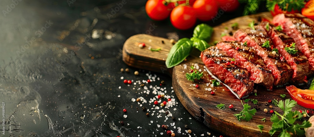 Poster a raw steak seasoned with salt and pepper displayed on a wooden board accompanied by vegetables on a