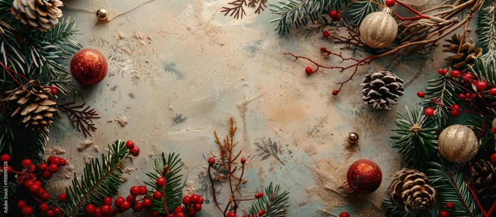 Leinwandbilder top view of a festive christmas themed grunge background with decorations like fir twigs berries bau