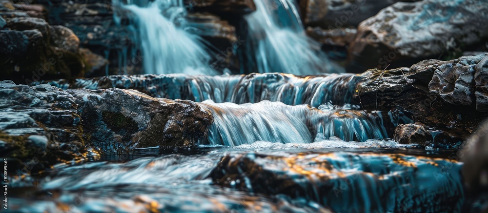 Poster water cascading down a rocky mountain with a copy space image
