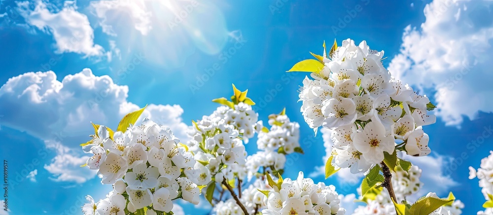 Aufkleber flowering pear trees with a picturesque blue sky backdrop exhibiting a spring setting showcasing a d