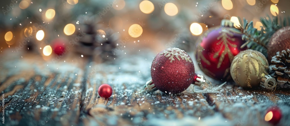 Poster wooden table adorned with christmas ornaments and balls perfect for a festive copy space image