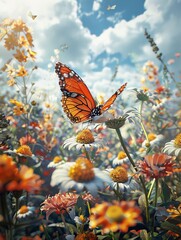 A vibrant butterfly takes flight amidst a field of colorful wildflowers bathed in sunlight.