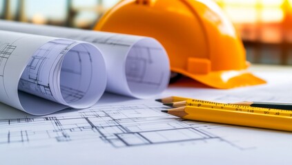 A close-up of architectural blueprints and pencils, symbolizing design in construction projects.