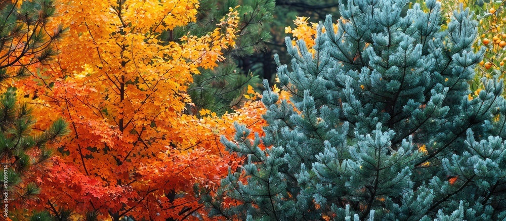 Wall mural copy space image of pine and maple trees