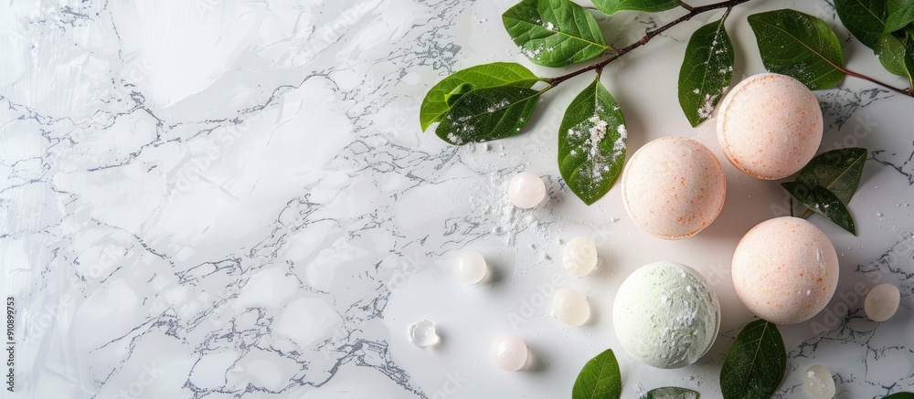 Poster White marble table with a green twig and lovely scented bath bombs offering a good view for your text copy space image