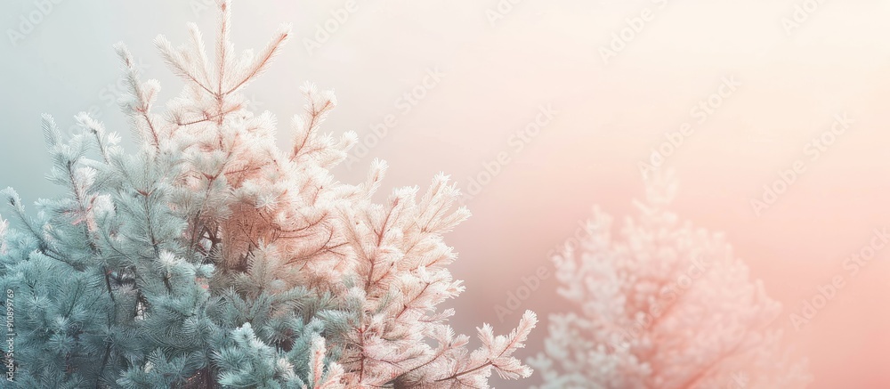 Poster A pine tree is caught in soft pink white sunlight with a faded tone creating a serene atmosphere in the copy space image