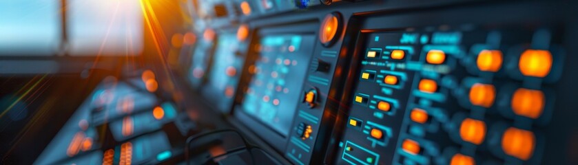Fototapeta premium close-up of an airplane cockpit control panel with digital displays and buttons - modern technology, aviation, travel, transportation, flight