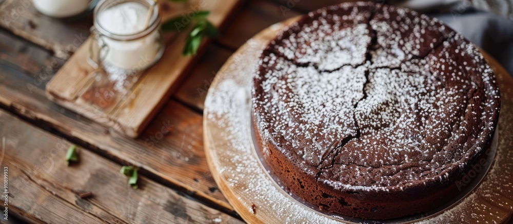Poster Rustic chocolate cake topped with powdered sugar displayed on a wooden table with copy space image