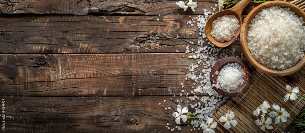 Poster spa treatment scene featuring white sea salt on a wooden backdrop with copy space image available fo