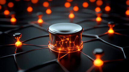An abstract representation of a central object surrounded by glowing connections, illustrating technology and innovation.
