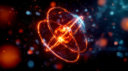Obraz premium An abstract representation of an atom illustrating energy and scientific concepts with glowing particles and vibrant colors.