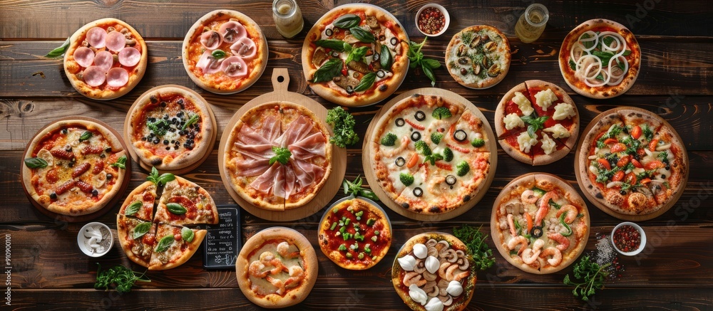 Poster a variety of italian pizzas displayed on a wooden table from above the pizzas are freshly made with 