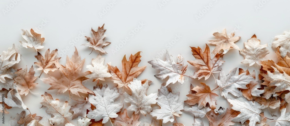 Poster Fall oak leaves create a border in vivid white hues ideal for copy space in a flat lay image