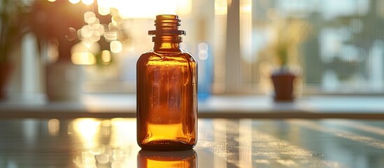 A glass amber bottle in a chemistry lab showcases the selective focus of benzene toluene and xylene essential aromatic hydrocarbons with available copy space image