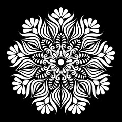 White circle mandala,floral pattern design on black background.