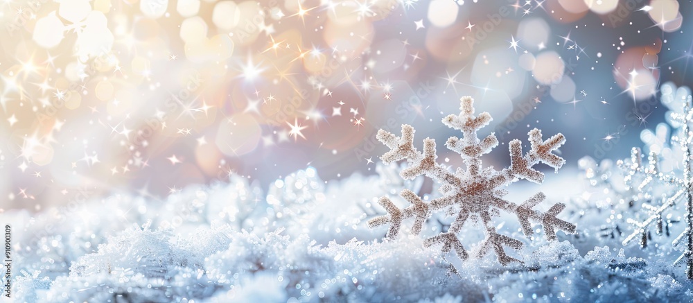 Poster winter themed background with white artificial snowflakes on soft light backdrop ideal for cards ban