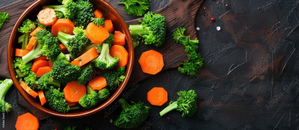 Poster a homemade salad featuring fresh broccoli and carrots with a copy space image available