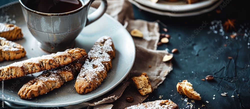 Poster A food image with biscotti placed on the table for tea with selective focus creating a visually appealing copy space image