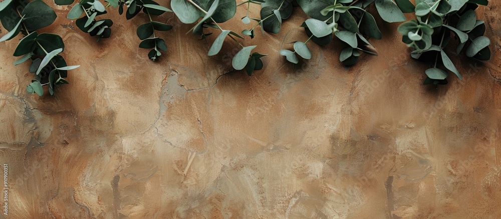 Poster a banner with copy space is placed on a textured brown table decorated with fresh eucalyptus branche