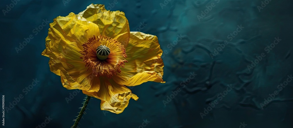 Poster macro photo of a vintage painted surrealistic fantasy style poppy blossom in fading yellow fabric ag