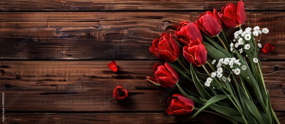 Aufkleber Top view of a vibrant red tulip bouquet contrasting against a wooden backdrop with red and white blooms perfect for adding text in the copy space image