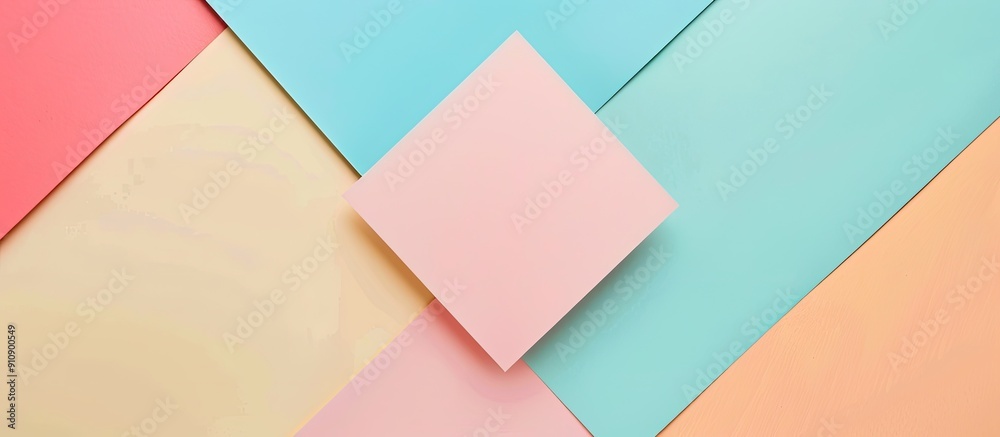 Leinwandbilder Pastel paper background in pink blue peach and yellow shades with an empty square for text or other elements in the center suitable for a copy space image