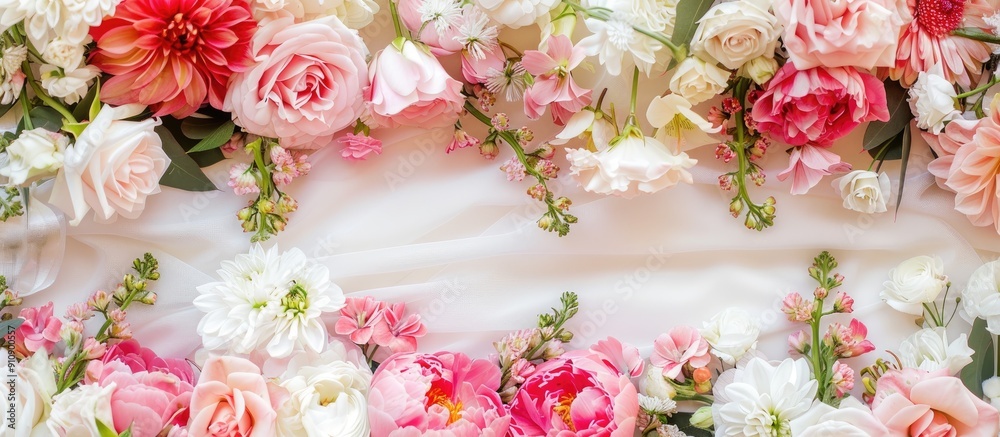 Poster Floral arrangement with white and pink napkins creating a backdrop with copy space image