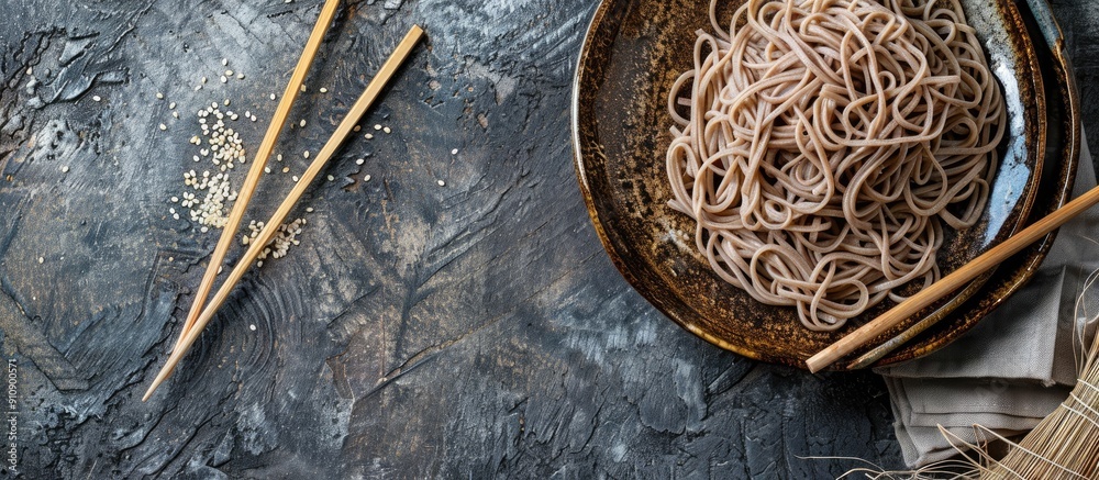 Poster top view of ready to cook soba buckwheat noodles as a meal or snack on a rustic table ideal for keto