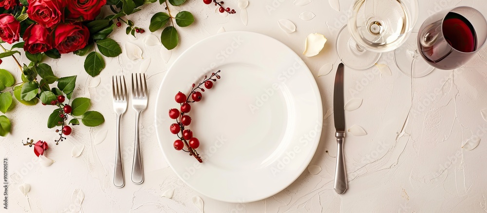 Aufkleber romantic dinner concept shown on a light background with an empty plate styled as a flatlay for copy