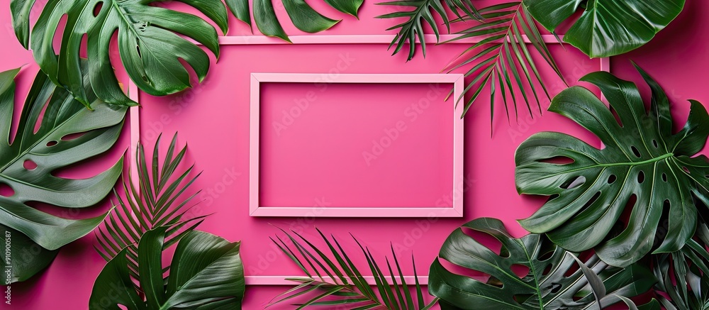 Leinwandbilder a summer themed arrangement features tropical leaves and a photo frame set on a vibrant pink backdro