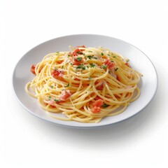 A 3D rendering of a plate of spaghetti carbonara, showcasing Italian cuisine with an appetizing appearance, isolated on a white background for a clear and appealing presentation.