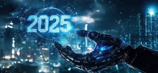 robot hand projecting the pink number 2025 