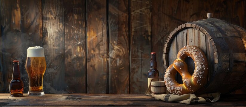 Copy space image featuring lager beer a rustic pretzel and an aged wooden beer barrel