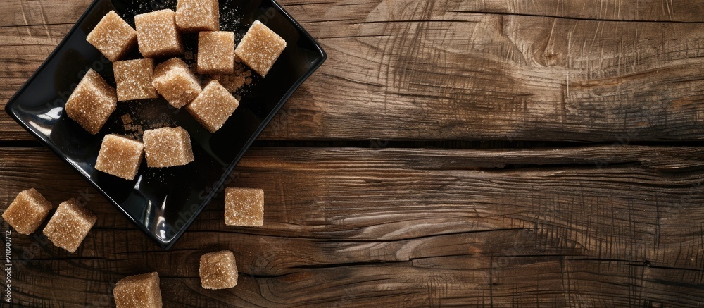 Poster wooden table with a black square plate holding brown and white sugar nubs creating an appealing copy