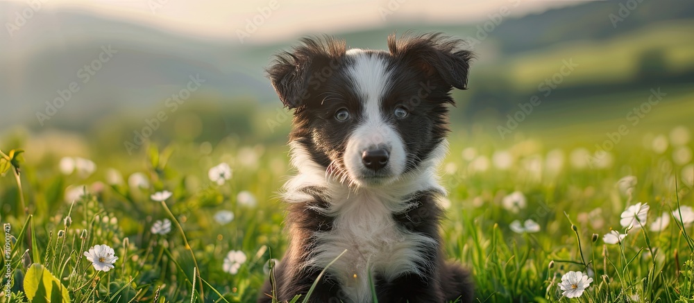 Poster A young Border collie puppy is seated within a picturesque meadow with plenty of open space for additional content in the image