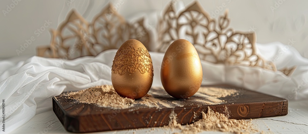 Aufkleber Happy Easter card with three Easter eggs placed on a wooden cutting board against a white table backdrop surrounded by sawdust The arrangement includes a lace border with a golden egg offering a copy
