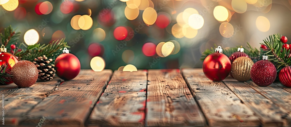 Aufkleber A wooden table adorned with Christmas ornaments set against a blurry bokeh background creating a festive copy space image