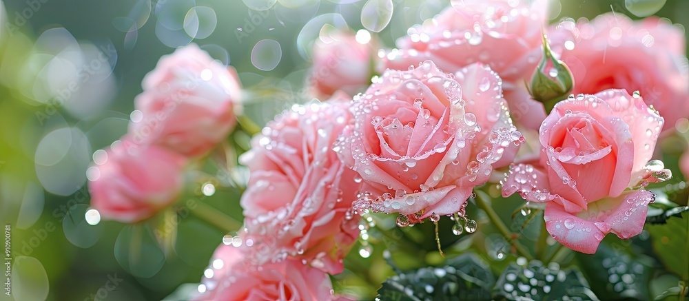 Poster pink rose flowers in a garden with raindrops featured in a selective focus view in a copy space imag