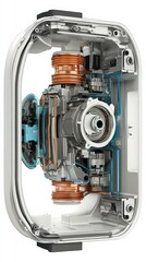 Detailed view of a modern mechanical component showcasing intricate design and engineering precision in a transparent case.