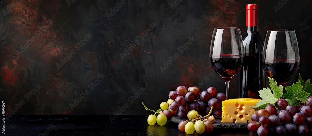 Poster Red Wine Flight complemented by cheese and grapes on a black backdrop featuring a copy space image