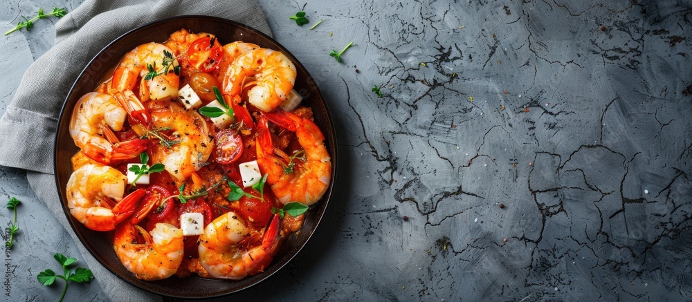 Poster top view of greek prawns shrimp saganaki with feta tomato paprika and thyme on a gray background wit