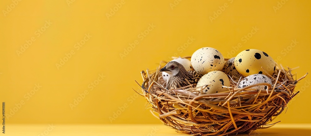 Poster straw nest with quail eggs wooden bird feeder on yellow background perfect for easter concept with f