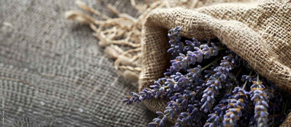 Poster Lavender stems neatly arranged in a sack with copy space image