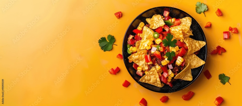 Poster top view flat lay of mexican nachos snack on yellow background with copy space image