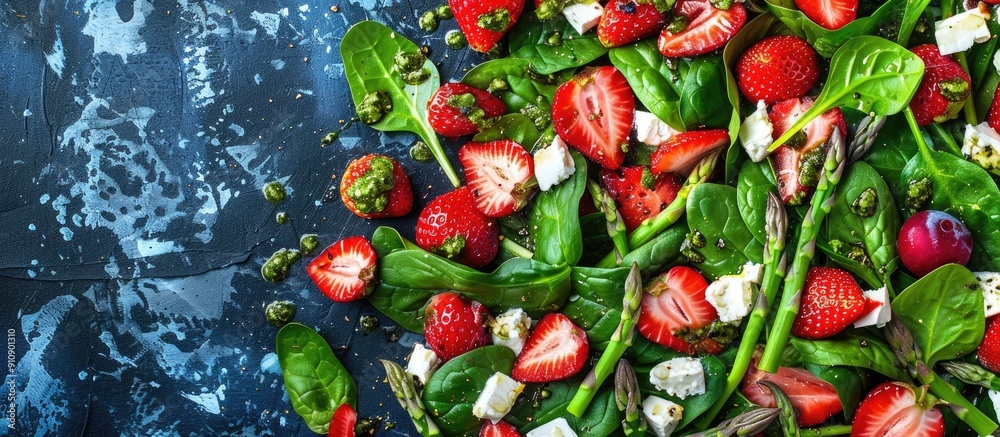 Poster a vibrant salad featuring strawberries spinach asparagus and feta with a pesto dressing offering a b