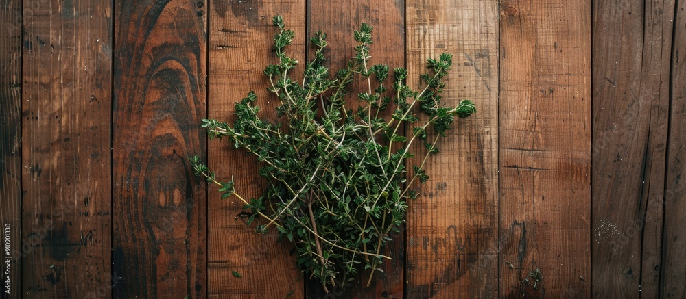 Poster a rustic image with a cluster of fresh thyme on a wooden backdrop reminiscent of a vintage magazine 