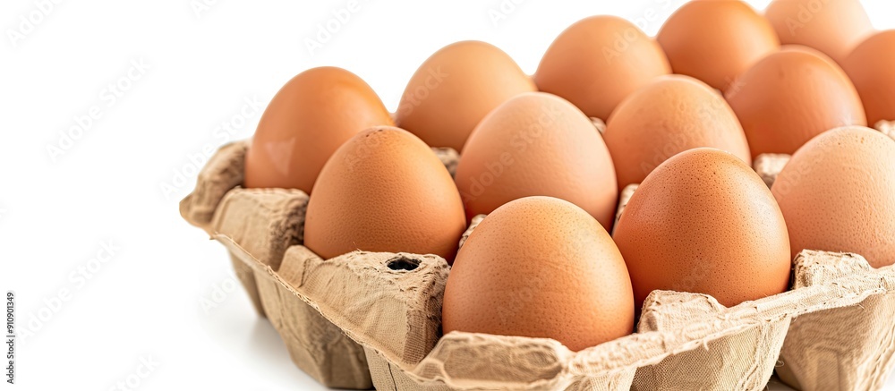 Poster Fresh raw chicken eggs in a brown carton bought from a market are easy to purchase cook and enjoy for good health Isolated on a white background with copy space image