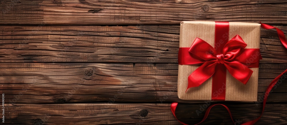 Poster wooden background with a red ribbon adorned gift box presenting ample copy space for images