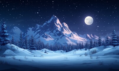 Fototapeta premium Enchanting Anime Winter Landscape: Vibrant Rainbow Forest Beyond Snowy Mountains Under Cold Moon. Retro-Inspired Scenic Wallpaper Blending Realistic and Cartoon Styles. AI-Generated 4K Background for 